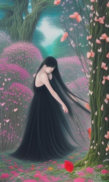 Girl Hugging Tree in a Fairytale Magic Realism Scene