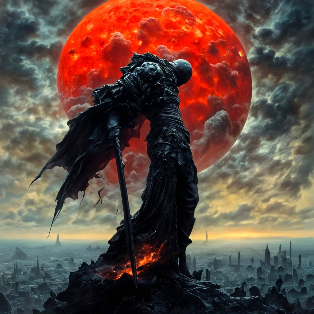 Black Knight in Fiery Glitch Art Landscape