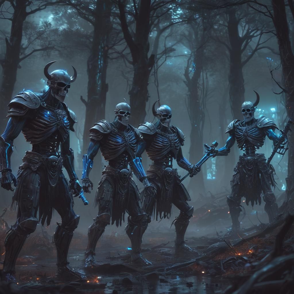 Cyberpunk Viking Skeletons Battle in Neon Landscape