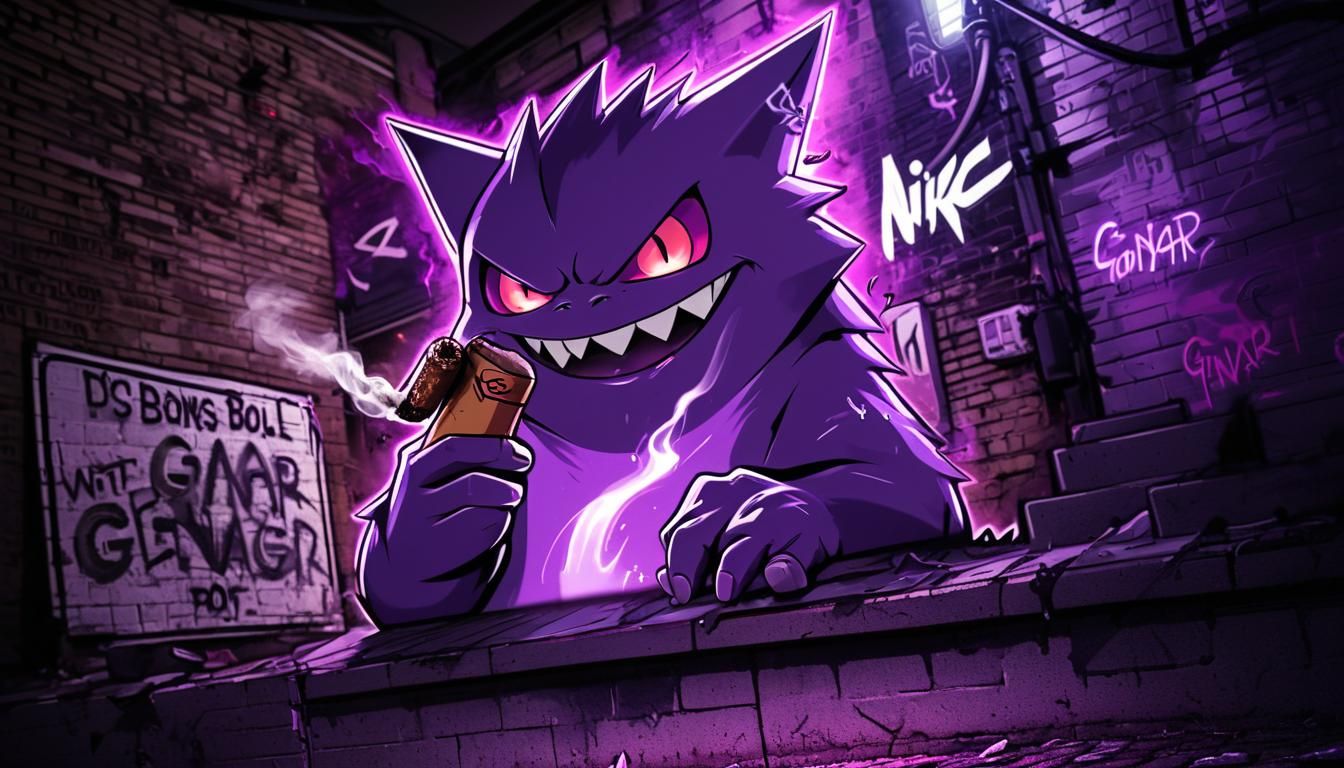 Graffiti Street Art of Gengar in Nike Tech and Smoking Cigar