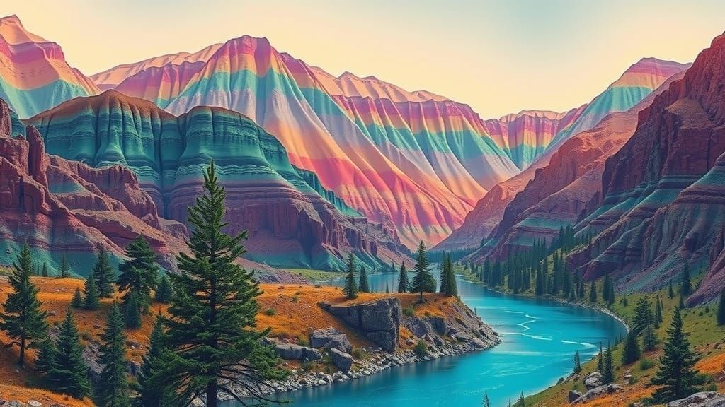 Rainbow Fold Mountains with Pine Forest in Vibrant Colors