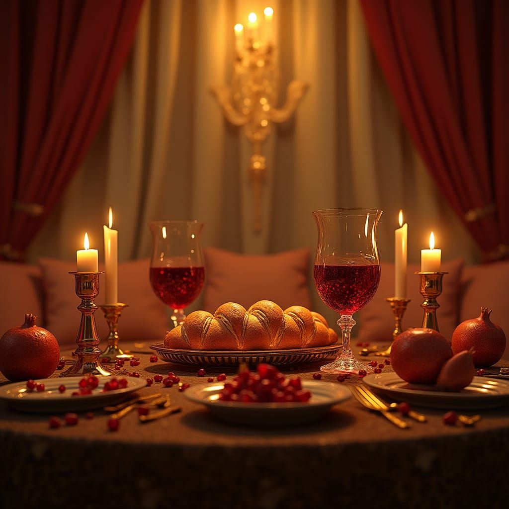 Golden Shabbat Table in Mystical Living Room