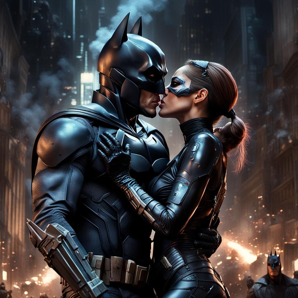 Catwoman and Batman Kiss: Hyperrealistic Cinematic Art