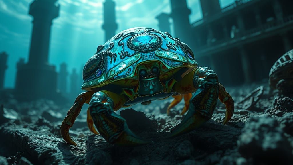 Bioluminescent Hermit Crab Exploring Sunken City Ruins