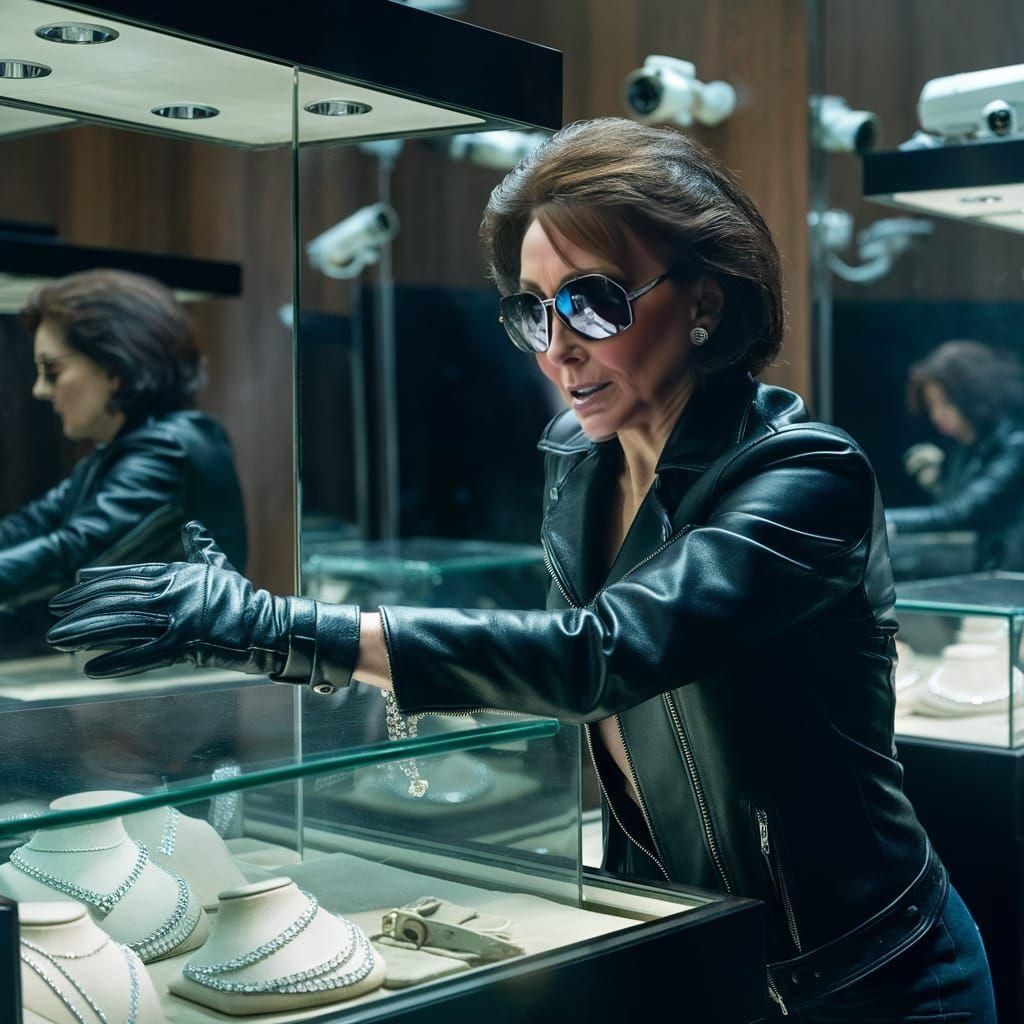 Woman in Leather Jacket Robbing Jewelry Store Photo