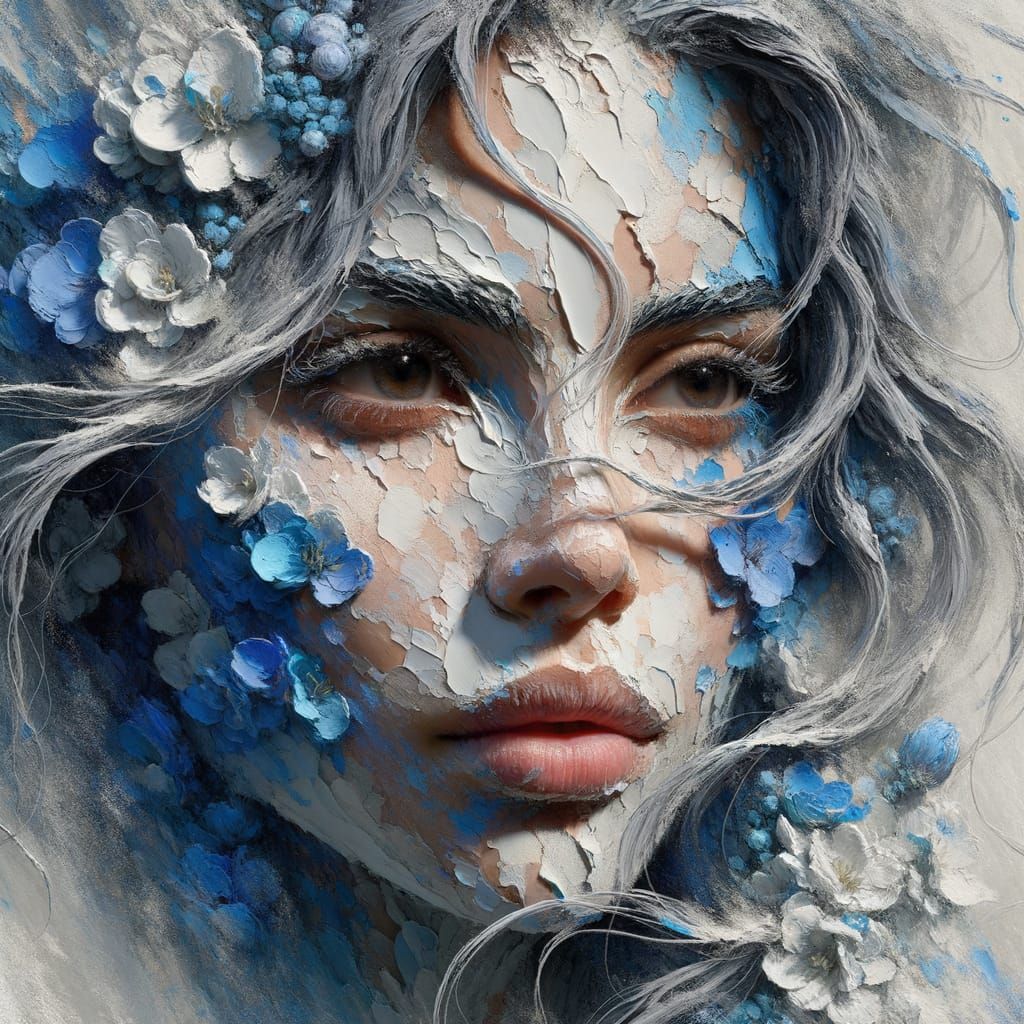 Fantasy Portrait in Vibrant Blue Flowers