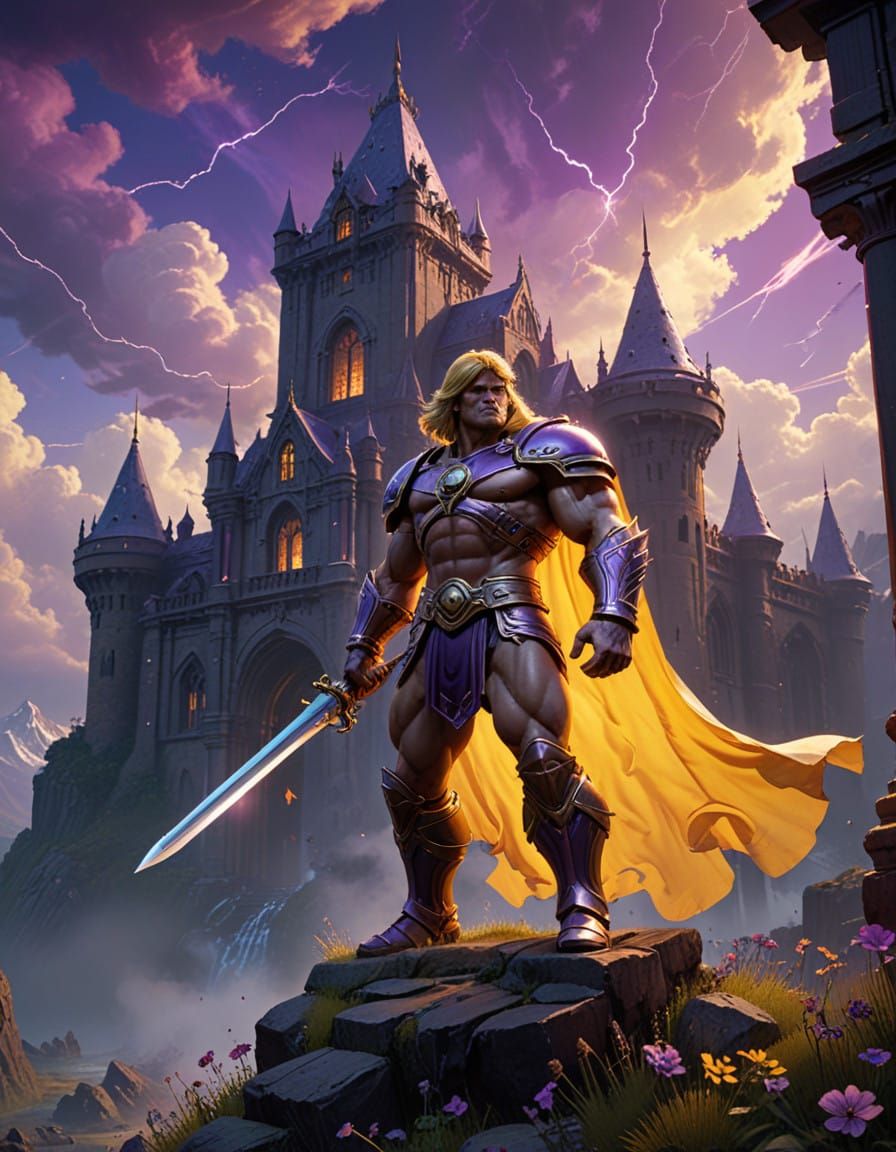 He-Man Rises with Thunderous Sword in Frazetta-Inspired Dark...