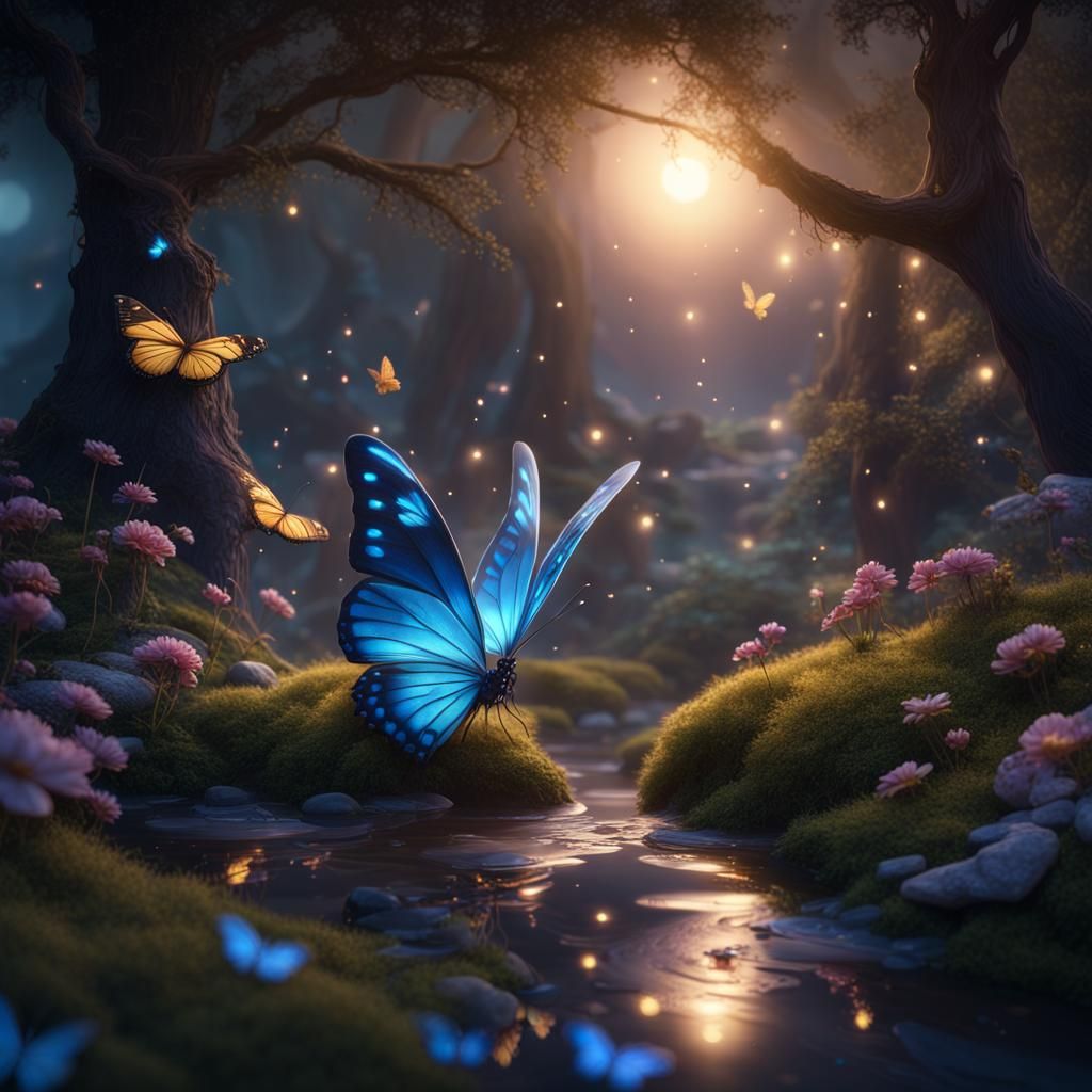 Bioluminescent Fairy Tale Landscape with Butterflies