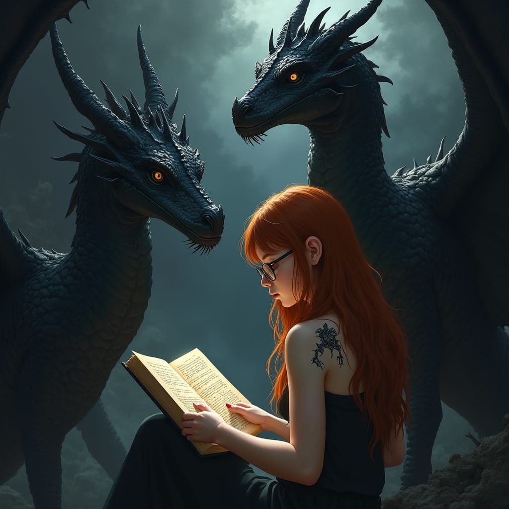 Girl Reading Book Among Dark Dragons in Fantasy Art Style