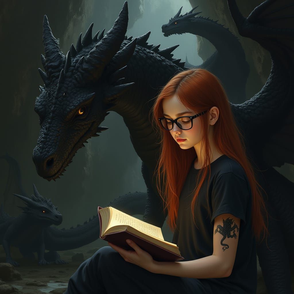 Girl Reads Book Among Dark Dragons in Fantasy Art Style