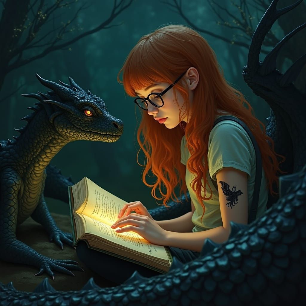 Girl Reads Among Slumbering Dragons in Dark Fantasy Style