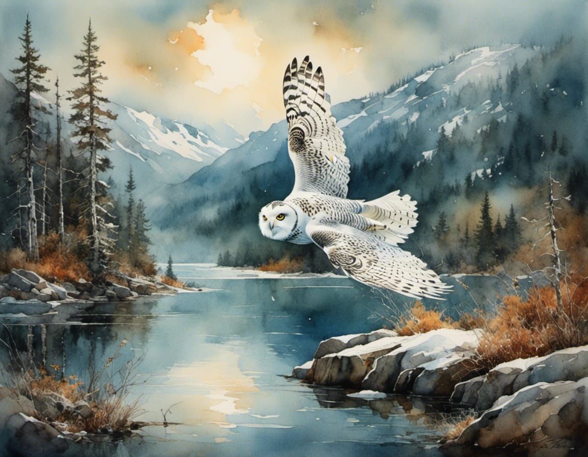 Snowy Owl Flying Over Mountain Lake Watercolor