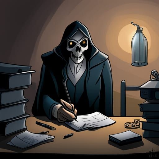 Grim Reaper in Office, Pencil Line Drawing
