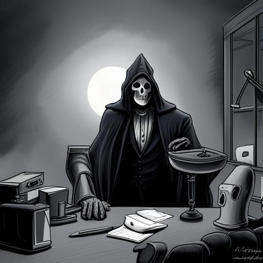Grim Reaper in Office, Farside Pencil Line Style