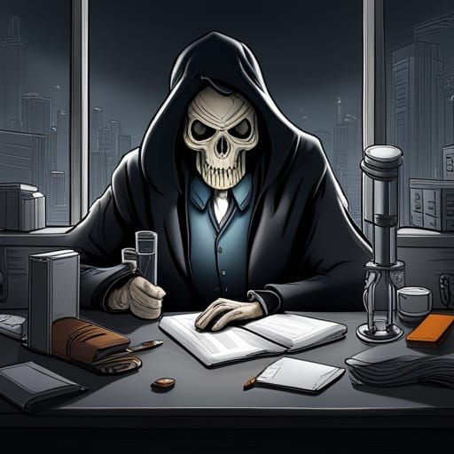 Grim Reaper in Office, Line Drawing Art