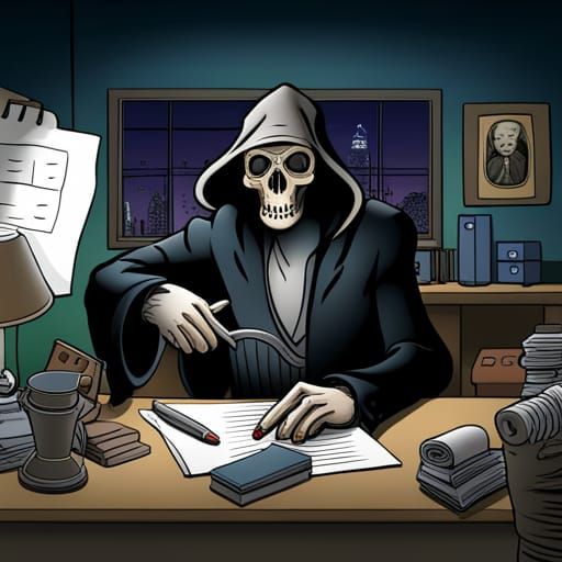 Grim Reaper in Office, Farside Style Pencil Art