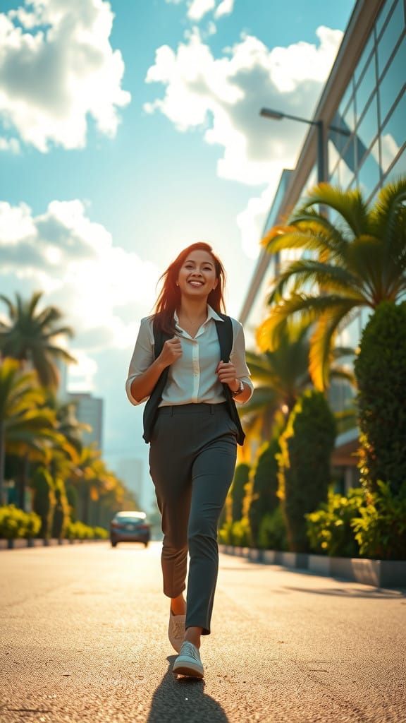 Confident Indonesian Woman Strides Through Sunlit Urban Land...