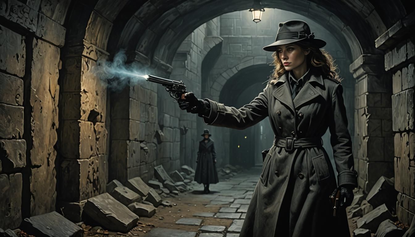 Noir Detective in Catacombs, Arthur Rackham Illustration