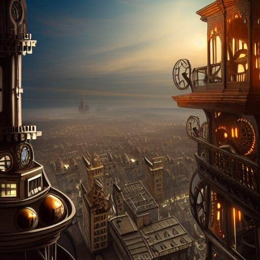 Steampunk Clock Gears Over Victorian City at Sunrise
