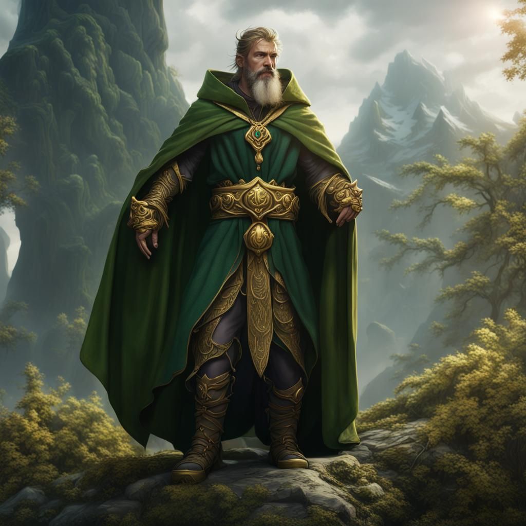 Male Druid in Green Cloak with Gold