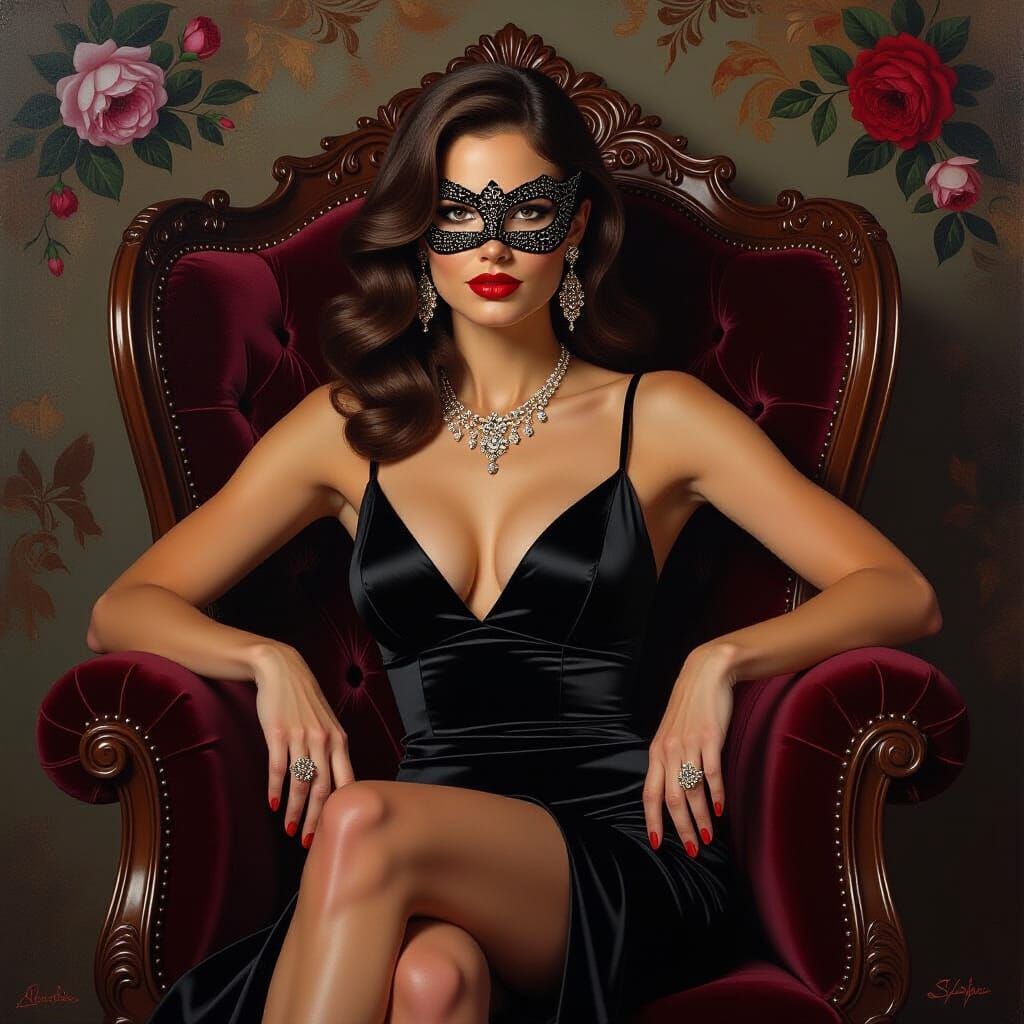 Woman in Lace Mask Posing in Baroque Setting