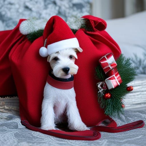 Wire-Haired Terrier in Santa's Present Bag