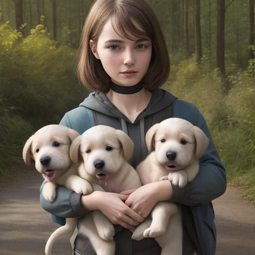 Human Surrounded by Puppies