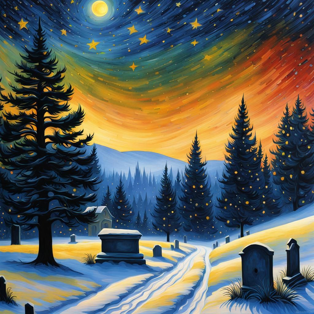 Winter Graveyard in Watercolor with Starry Night