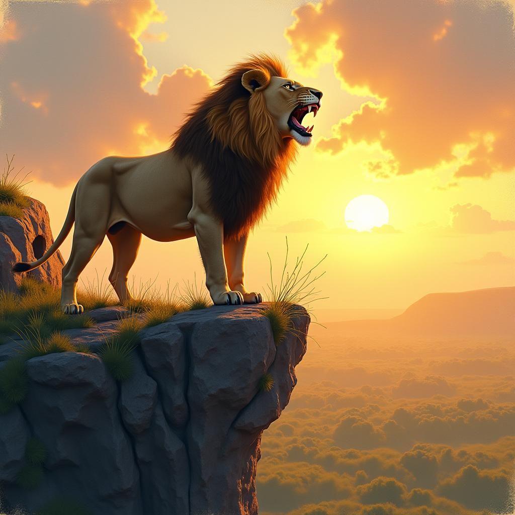 Majestic Lion Roaring at Sunset in Watercolor Style