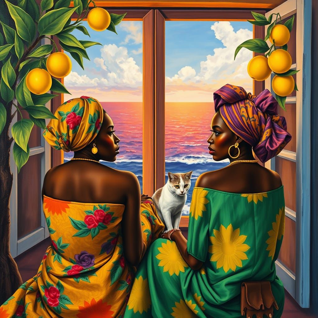 African Women by Lemon Tree: Gauguin-esque Oil Painting