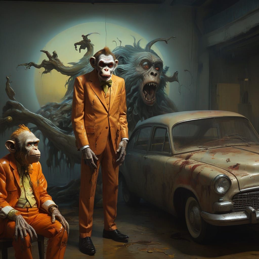 Surreal Oil Painting of Zombie Monkey Monster Used Car Sales...