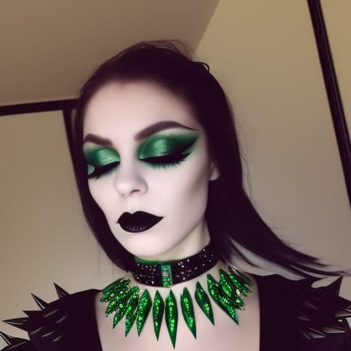 Ethereal gothic young lady with long black hair& green eyes& smoky black eyeshadow very nicely neatly done& Black eyelin...
