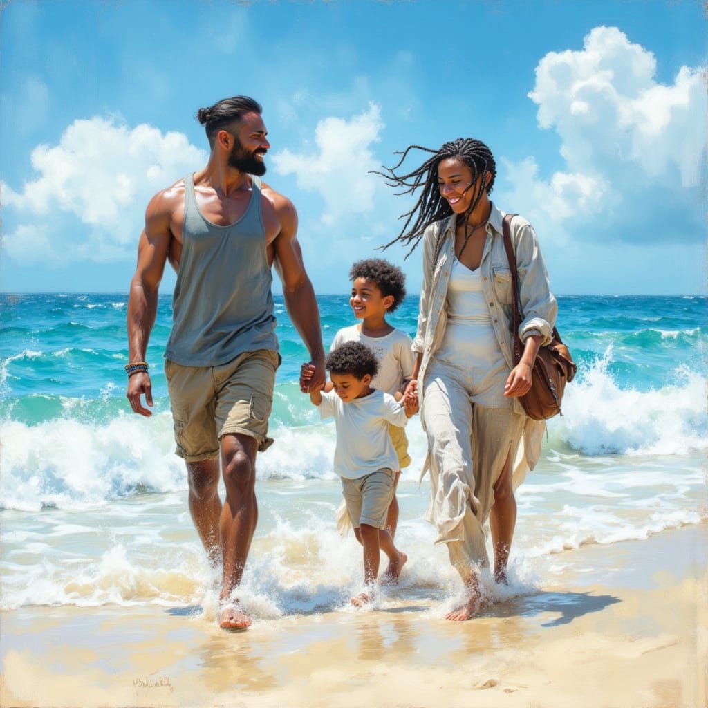 Happy Family Beach Walk in Hyperrealistic Oil Painting Style