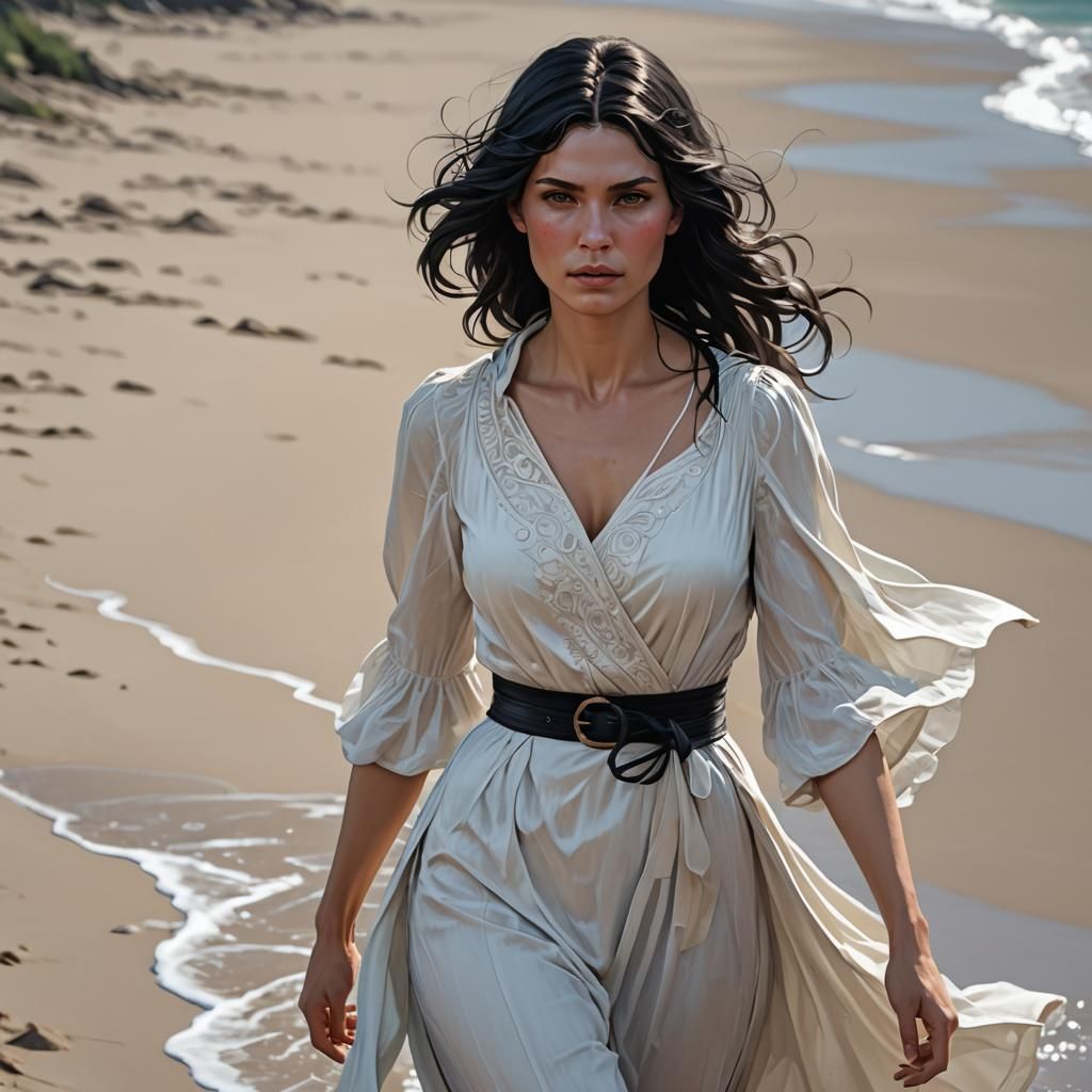 Woman Walking on Beach in Hyperdetailed Digital Art