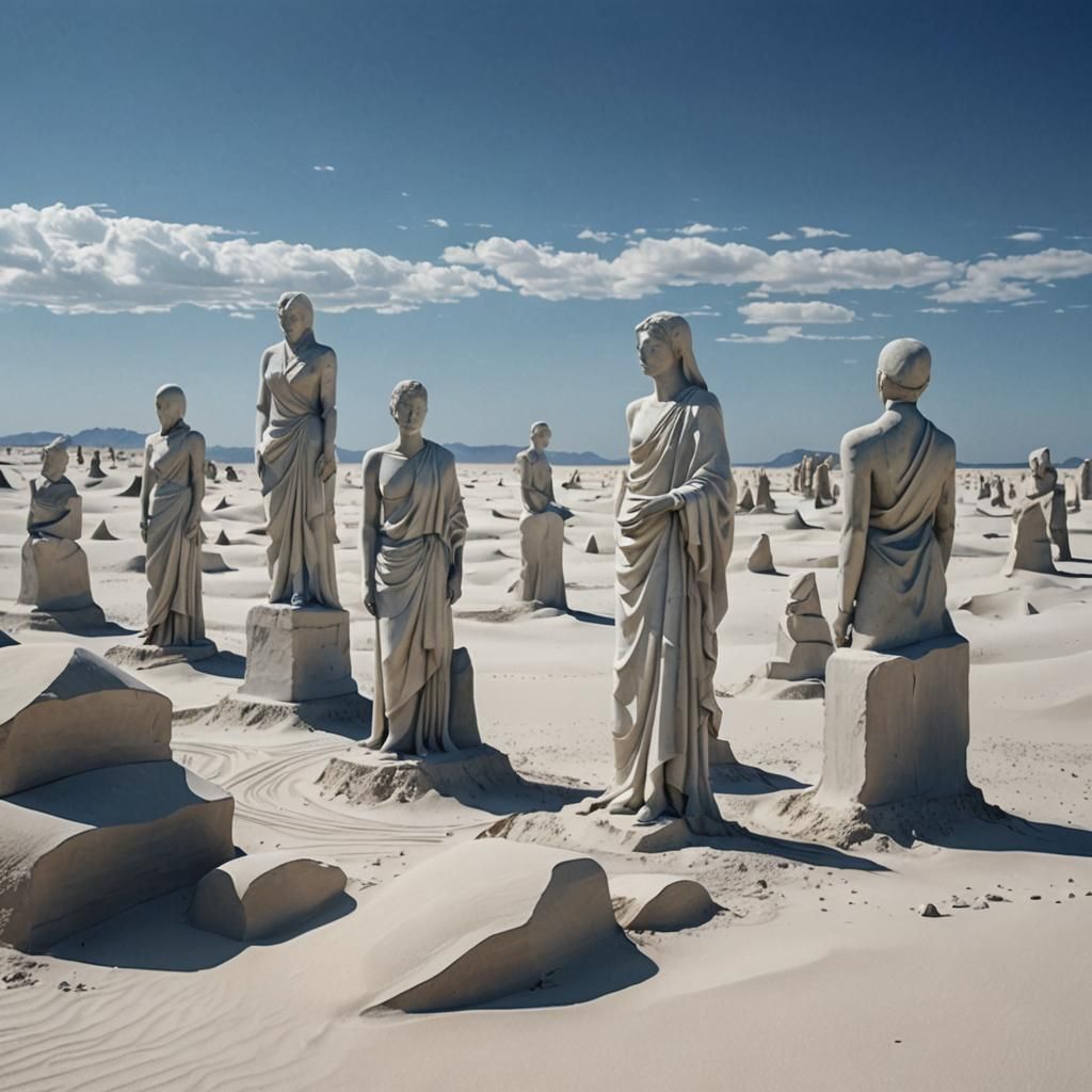 Photorealistic White Sand Desert with Broken Statues