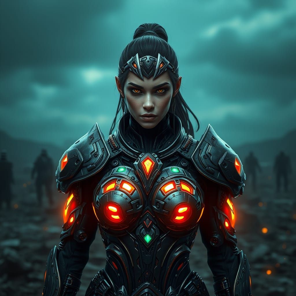 Cyborg Warrior on Desolate Battlefield in Dark Fantasy Style