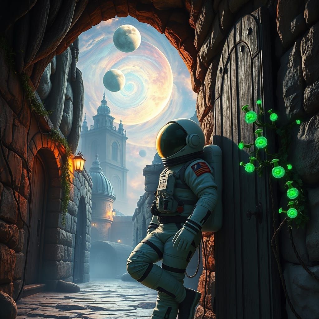 Astronaut in Alien City Alleyway