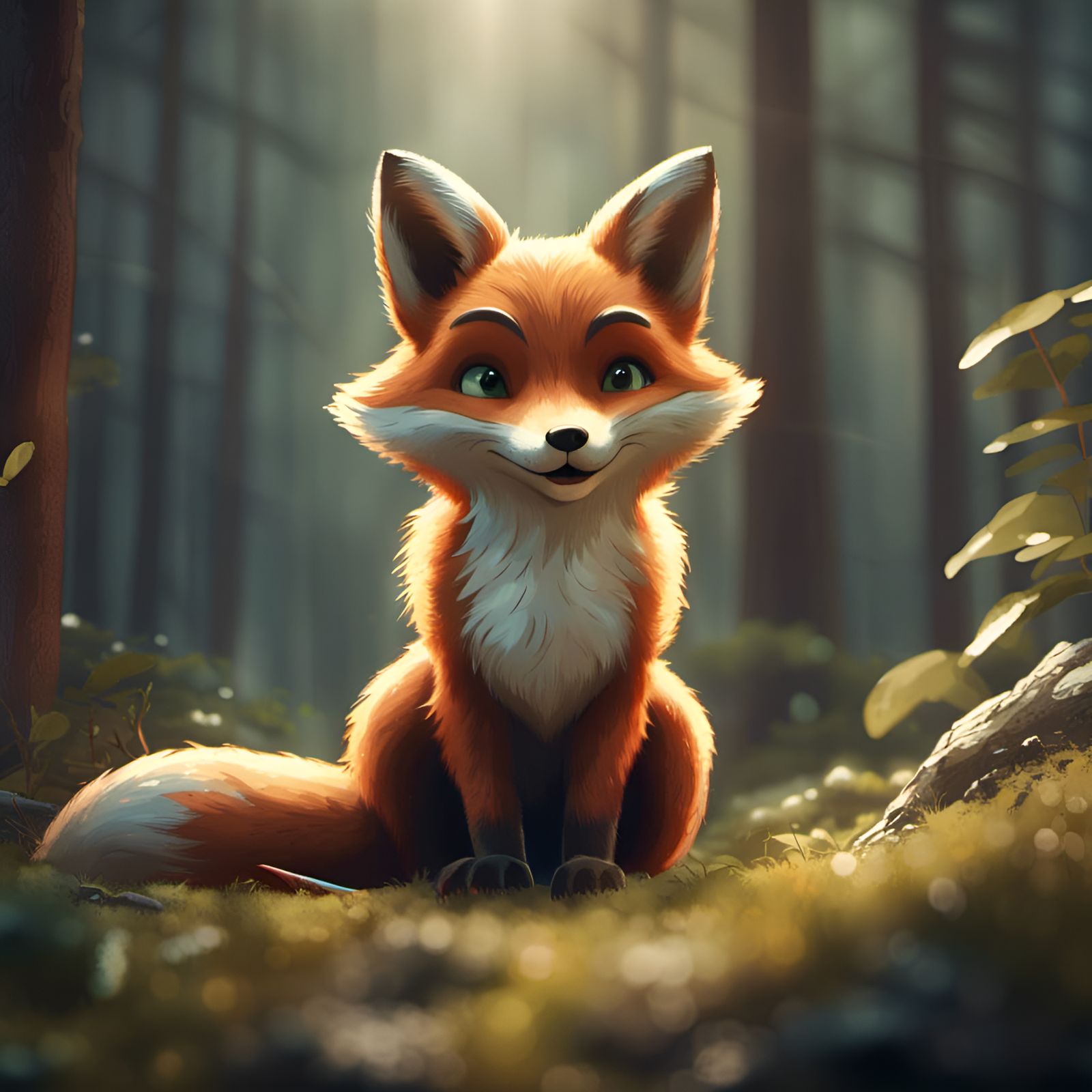 Adorable Fox Portrait in Forest, Digital Art