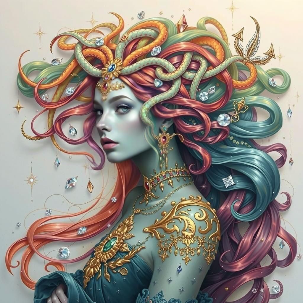 Ethereal Medusa Portrait with Gems and Crystals