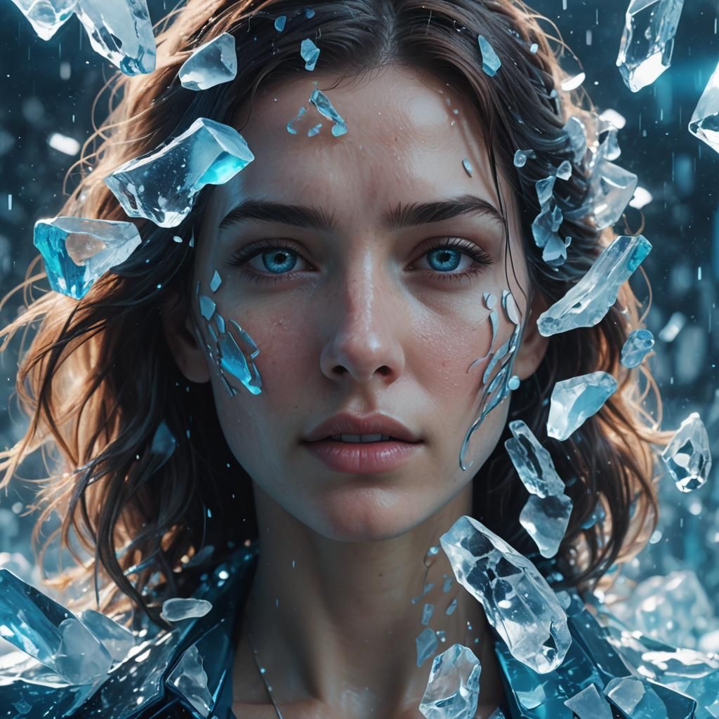 Sci-Fi Woman Suspended in Blue Ice Water