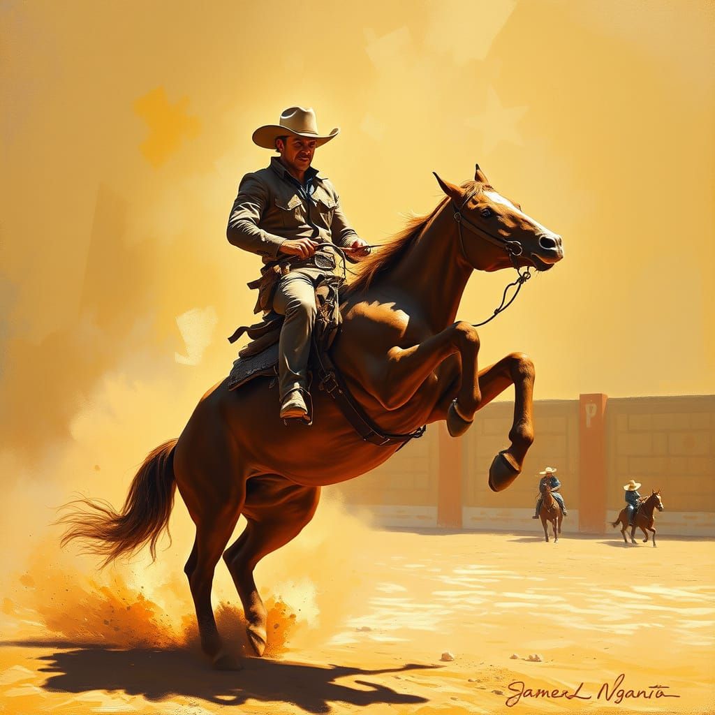 Cowboy Rides Bucking Bronco in a Vibrant, Impasto Oil Painti...