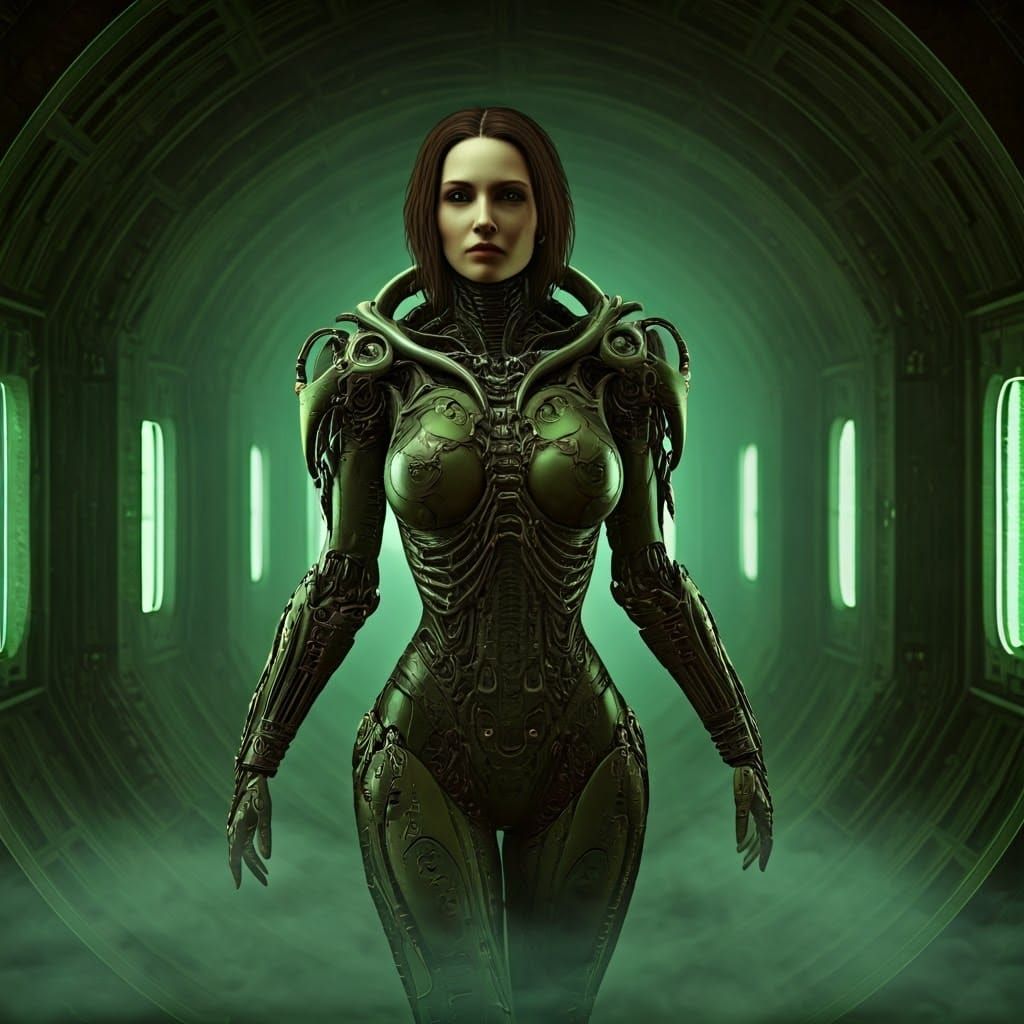 Biomechanical Goddess in Dark, Gigeresque Industrial Realm