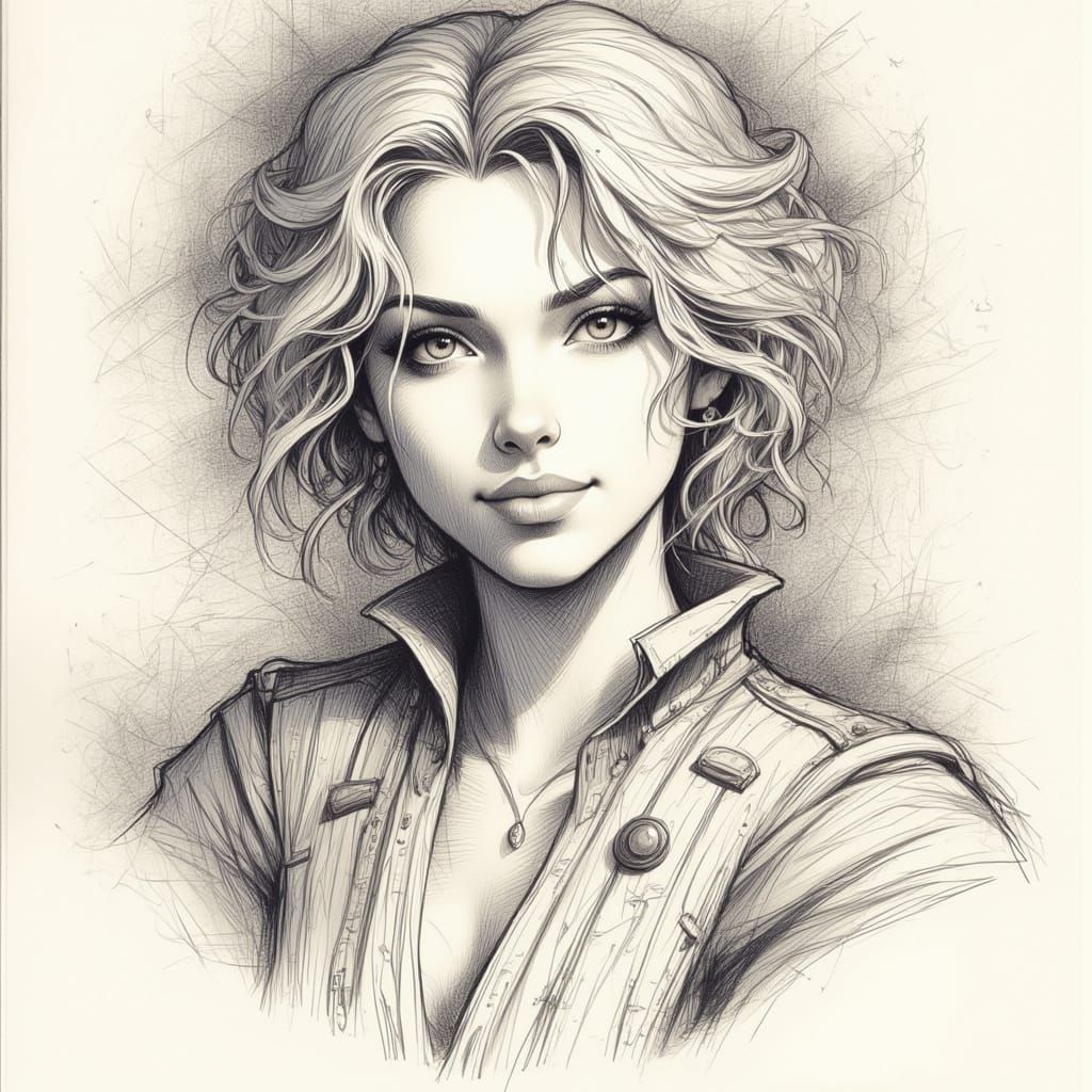 Pencil Drawing of Cute Young Woman with White Hair