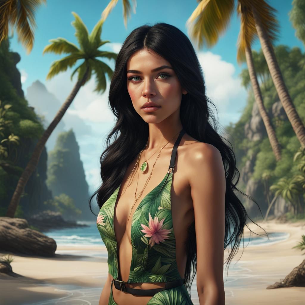 Woman with Black Hair on Tropical Beach