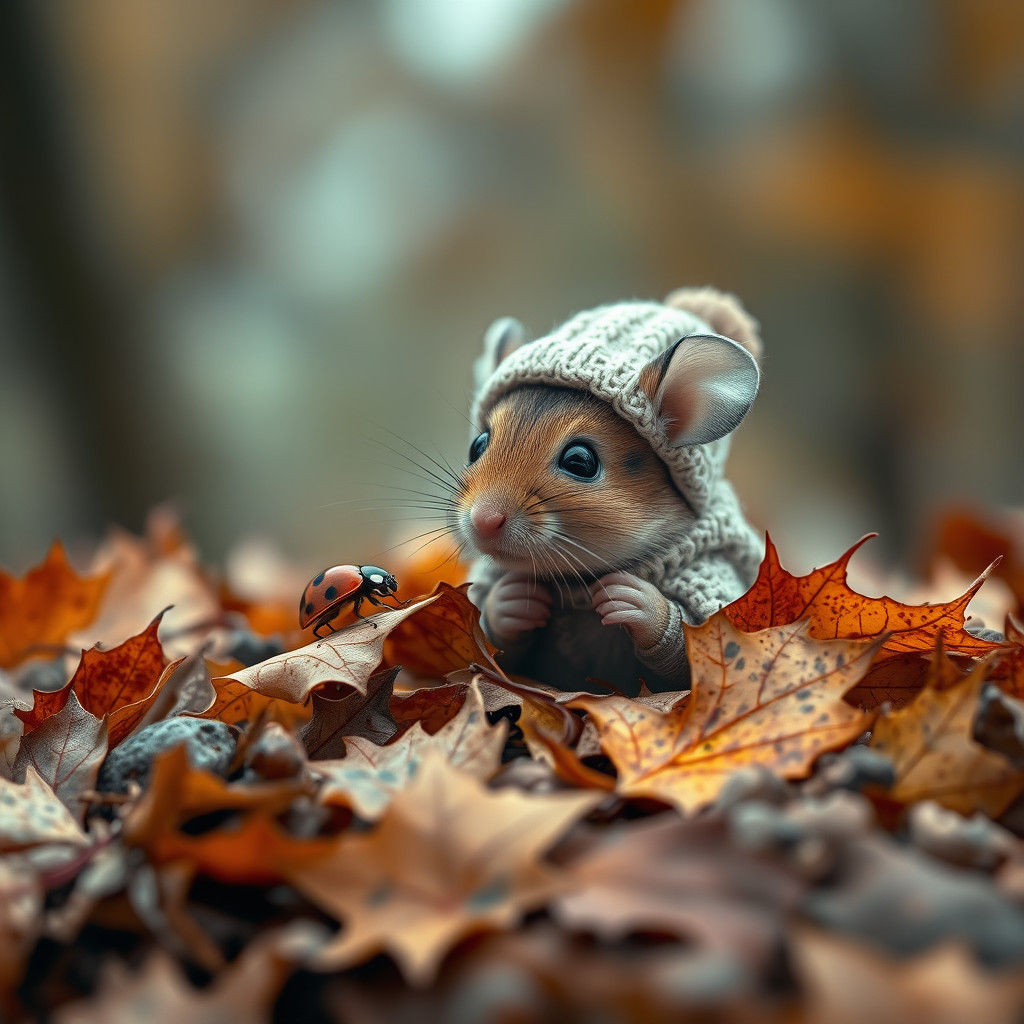 Mouse in Autumn Leaves Observes a Ladybug