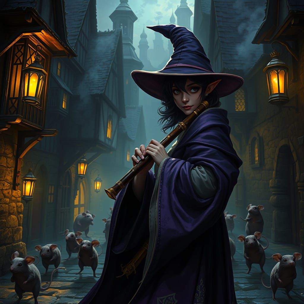 Ethereal Female Sorceress Leads Mice Through Medieval Town