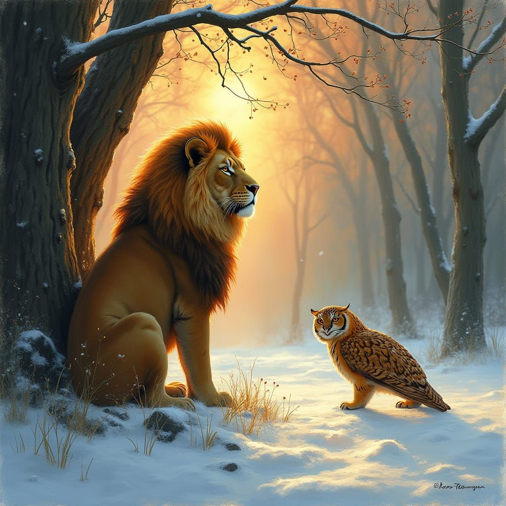 Majestic Lion in Serene Forest Landscape with Dreamy, Vibran...
