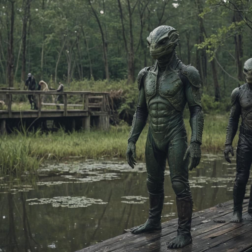 Alien Reptilians Rising from Swamp on Starbase