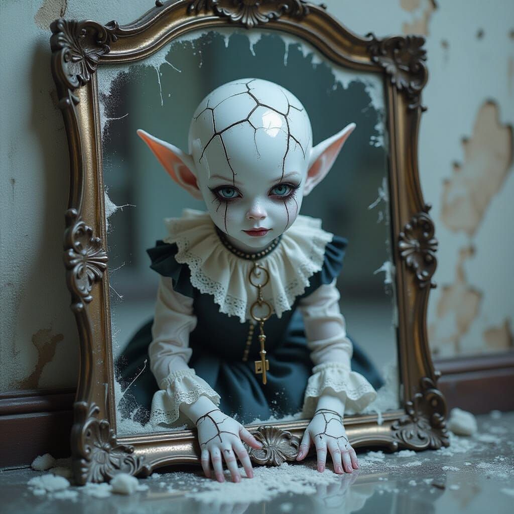 Eerie Goblin Portrait with Cracked Porcelain Face