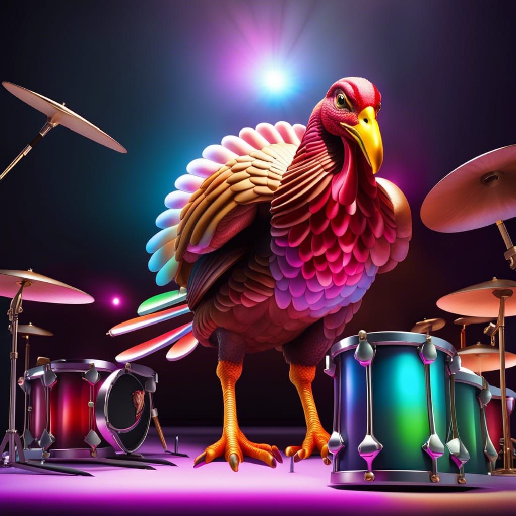 Hyperrealistic Turkey Drummer on Psychedelic Stage